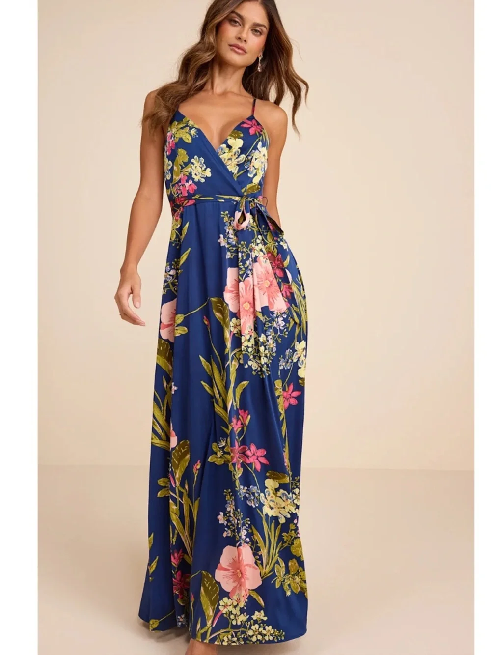 NWT Lulu’s Still the One Blue Floral Print Satin Maxi Dress Extra Small Chic